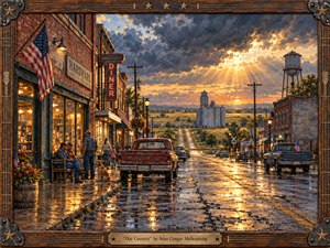 A weathered American main street glows after rain beneath a dramatic golden sunset, where townspeople, vintage trucks, brick storefronts, grain silos, and a distant water tower create a grounded rural scene. Rich amber light reflects across cracked pavement, blending realism and painterly texture with a hopeful, nostalgic, resilient atmosphere.