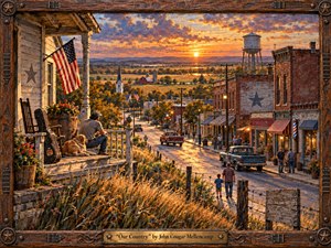 A richly textured Americana painting overlooks a small Midwestern town at sunset, where a man and dog rest on a weathered porch above Main Street, farms, church steeples, and distant fields. Warm gold, rust, blue, and green tones glow beneath dramatic clouds, framed by carved wood, metal stars, and guitar-inspired details.