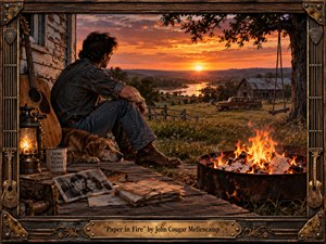 A weathered farmhouse porch overlooks rolling fields and a winding river beneath a dramatic orange sunset. A contemplative man and his dog sit beside a glowing fire consuming old papers and photographs. Rustic wood, brass hardware, guitar, lantern, vintage truck, and barn create a nostalgic Americana atmosphere, rendered with cinematic realism and rich tactile detail.
