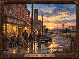 A weathered small-town street glows beneath a dramatic golden-blue sunset as neighbors gather outside a warmly lit storefront. Wet pavement mirrors amber light, old vehicles, fields, birds, and distant industry. Rich oil-painted textures, rustic wood framing, muted earth tones, and handcrafted details create a reflective mood of resilience, community, and hope.