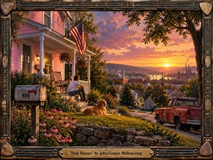 A richly detailed Americana scene overlooks a small river town at golden hour, centered on a weathered pink house, porch, flowers, dog, contemplative figure, and battered red pickup. Warm pink, amber, green, and blue tones fill the landscape, while dramatic sunset light creates depth. A handcrafted guitar-inspired metal frame surrounds the nostalgic painted composition.