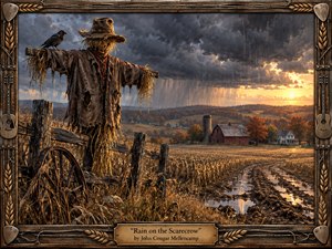 A weathered scarecrow stands beside a broken fence in a rain-soaked autumn cornfield, its tattered clothing glowing against dark storm clouds. A crow perches on its arm as muddy tracks lead toward a red barn, silo, farmhouse, and distant hills. Warm golden sunlight pierces the storm, creating dramatic contrast in a richly textured Americana painting.