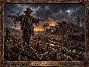 A battered scarecrow stands over a rain-soaked cornfield beneath brooding storm clouds, watching a weathered farmhouse, barn, silo, and rusted tractor. Muddy browns, charcoal grays, and amber window light create a mournful rural atmosphere. Painterly mixed-media textures, distant lightning, circling crows, and a handcrafted wooden-metal frame deepen the sense of hardship and endurance.