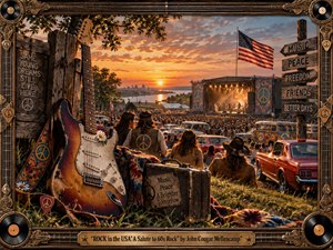 A vibrant 1960s-inspired rock festival unfolds at sunset, overlooking a river and distant city skyline. Warm orange light illuminates a packed crowd, vintage cars, colorful buses, peace symbols, and a weathered electric guitar. Richly textured realism, nostalgic Americana, ornate musical framing, and handcrafted details create an energetic, celebratory mood.