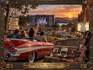 A richly detailed 1960s Americana rock scene unfolds at sunset, with a gleaming red convertible overlooking a lively outdoor concert, vintage cars, a small-town main street, Route 66 imagery, records, and a decorated guitar case. Warm gold, crimson, and amber tones create nostalgic energy, while realistic textures and handcrafted framing evoke a classic musical keepsake.
