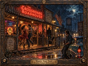 A lively roadside roadhouse glows beneath a stormy moonlit sky, where dancers spin in warm amber light as neon signs reflect across rain-soaked pavement. A solitary man leans beside a vintage car, adding wistful tension. Richly textured painterly detail, weathered wood, deep blues, reds, and handcrafted musical framing create nostalgic Americana.