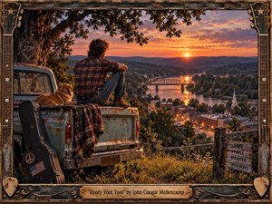 A weathered young man and his golden dog rest beside an old teal pickup overlooking a glowing river town at sunset. Warm orange and purple light bathes rolling hills, bridge, water, and church steeple. Rustic guitar-themed framing, carved wood, metalwork, and a vintage guitar case create a handcrafted Americana atmosphere of reflection and freedom.