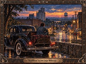 A nostalgic, cinematic painting shows a lone young man sitting in the rumble seat of a weathered 1930s coupe, overlooking a rain-slick small town at sunset. Warm streetlights shimmer across wet streets beneath glowing orange and blue skies, while a rustic guitar-themed frame and engraved title plate deepen the handcrafted Americana mood.