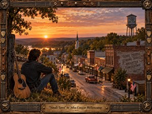 A contemplative young man with an acoustic guitar sits above a warmly lit Midwestern town at sunset, overlooking brick storefronts, a church steeple, water tower, tree-lined hills, and quiet streets. Golden orange light deepens into purple clouds, creating nostalgic Americana atmosphere. Rustic wood, metal, guitar strings, and engraved details form an integrated handcrafted frame.