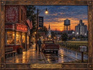 A rain-washed Midwestern main street glows beneath a fiery twilight sky, where a lone figure stands beside an aging pickup near a warm diner. Rustic brick storefronts, a church steeple, water tower, cornfields, and stadium lights create nostalgic intimacy. Rich amber reflections and weathered textures give the scene handcrafted Americana warmth.