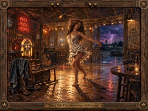 A barefoot woman dances alone in a rustic roadside bar, her pale dress swirling across a rain-slick wooden floor. Warm amber bulbs, a glowing jukebox, and red neon contrast with the purple lightning storm outside. The composition feels intimate and cinematic, rendered in richly textured, handcrafted painterly detail within a guitar-themed frame.