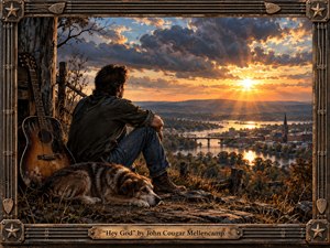 A solitary man and loyal dog rest on a rocky hillside overlooking a river town at sunset. A weathered acoustic guitar leans nearby, while bridges, trees, distant hills, and a church steeple fill the expansive landscape. Golden light breaks through dramatic clouds, creating a reflective, nostalgic mood in richly textured Americana painting.