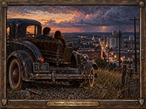 A weathered vintage coupe overlooks a small Midwestern town at stormy dusk, where two young figures sit quietly in the rumble seat. Rich oil-paint textures, rusted chrome, dry grass, glowing streetlights, and dramatic violet-orange clouds create a nostalgic, restless mood, framed by distressed wood, metal accents, and an engraved title plate.
