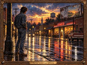 A lone denim-clad man stands on a rain-soaked small-town street at dusk, facing a warmly lit diner and a distant woman in the doorway. Golden sunset breaks through storm clouds, reflecting across wet pavement in amber, red, and blue. Rich oil-paint textures, vintage architecture, and a carved wooden frame create nostalgic, hopeful tension.