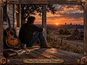 A weathered man sits quietly on a rustic porch overlooking rolling farmland and a distant small town at sunset, his battered acoustic guitar beside him. Warm amber light illuminates aged wood, an abandoned pickup, winding road, and scattered photographs, creating a reflective mood of regret and passing time, rendered in cinematic, richly textured realism.