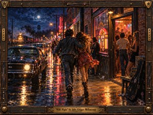 A young couple rushes arm in arm through a rain-slicked small-town street alive with neon, classic cars, and glowing nightlife. Deep blues, amber light, and crimson reflections create a charged, romantic mood. Painterly oil textures, moonlit clouds, bustling doorways, and a rugged guitar-inspired frame evoke restless freedom and rock-and-roll energy.
