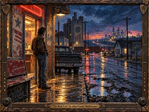 A solitary man stands outside a weathered roadside diner, gazing toward an industrial city glowing beneath a stormy twilight sky. Rain-slick pavement reflects amber, red, and blue lights around an aging pickup and railroad crossing. Rich painterly textures, distressed Americana details, and a rugged metal frame create a reflective, bittersweet mood.