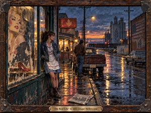 A young waitress in denim leans beside a weathered storefront on a rain-soaked Midwestern street at dusk, while a lone man stands near an old pickup. Cool indigo skies contrast with warm amber reflections, faded Americana, and industrial silhouettes. Thick oil-and-wax textures, distressed surfaces, and a rustic framed presentation create reflective, working-class melancholy.