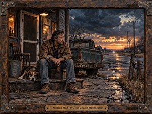 A weathered man sits beside his loyal dog on a worn roadside porch, staring toward an empty rural highway beneath turbulent storm clouds and a glowing sunset. Muted blues, rusted browns, charcoal grays, and amber light create a melancholy Americana mood, enhanced by cracked pavement, an aging pickup, textured brushwork, and a rugged wooden frame.