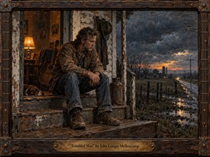 A weary man sits on a weathered farmhouse porch beside a resting dog and old guitar, staring across rain-soaked fields beneath brooding storm clouds. Warm amber lamplight contrasts with cold blue-gray dusk and a fiery horizon. Thick, textured brushwork, distressed wood, rusted metal, and the handcrafted frame deepen the somber, reflective mood.
