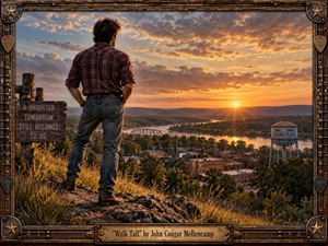 A solitary man stands proudly on a rocky overlook above a small American river town at sunset, gazing across bridges, wooded hills, and shimmering water. Warm gold, amber, and copper light fill the dramatic sky, creating a hopeful, resilient mood. The richly detailed Americana scene combines cinematic realism with weathered handcrafted framing, metal accents, stars, guitar picks, and an engraved title plate.