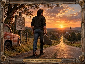 A lone man carrying a worn guitar case walks toward a small American town beneath a blazing golden sunset. A rusted pickup, weathered roadside sign, church steeple, and water tower reinforce the reflective Americana mood. Warm amber light, deep shadows, textured realism, and a rugged wood-and-metal frame suggest resilience, dignity, and perseverance.