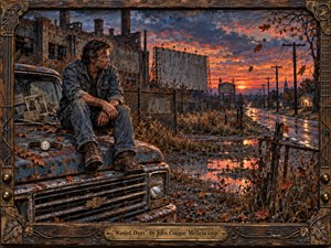 A weary man sits on a rusted pickup beside an abandoned factory and drive-in at autumn dusk, gazing toward a wet road fading into the distance. Fiery orange skies, blue-gray clouds, reflective puddles, fallen leaves, old photographs, and a cracked watch deepen the melancholy. Textured oil-and-charcoal styling and a rugged guitar-inspired frame complete the scene.