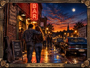 A richly painted Americana night scene unfolds along a rain-slick small-town street, where a young couple approaches a glowing bar amid friends, vintage cars, and hints of live music. Neon reds, warm amber lamps, deep blues, and fiery sunset tones create lively contrast. Rustic guitar-inspired framing and a brass engraved title plate complete the nostalgic composition.