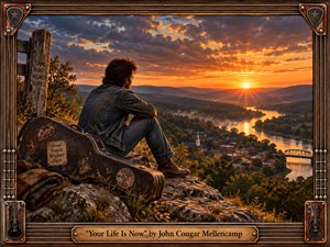 A cinematic, highly detailed scene shows a lone man in a worn denim jacket seated on a rocky overlook, gazing across a sunlit river valley at dusk. Warm amber light, layered mountains, drifting mist, and dramatic clouds create a reflective, hopeful mood, while a weathered guitar case and rustic guitar-themed frame reinforce the handcrafted Americana character.