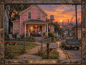 A weathered pink house anchors a small American neighborhood at sunset, where a family gathers on the porch beneath warm amber light. Rusted fences, an aging pickup, wildflowers, utility lines, and distant factories create a bittersweet contrast between pride and hardship. Rich painterly textures and glowing skies give the scene nostalgic realism.