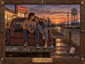 A young couple rests together on a weathered pickup outside a glowing small-town diner at sunset, surrounded by grain silos, roadside signs, stadium lights, and distant headlights. Warm amber, faded red, denim blue, and violet tones create a wistful mood, while textured oil-and-pastel brushwork and a rustic guitar-inspired frame deepen the nostalgic Americana atmosphere.