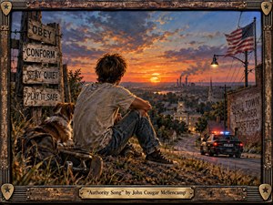 A young man sits with a dog and skateboard overlooking a small American town at sunset, facing a glowing industrial skyline beneath dramatic orange and blue clouds. Weathered signs, a battered flag, power lines, and a distant police car suggest rebellion and authority, rendered in richly textured, cinematic painterly detail with warm evening light.