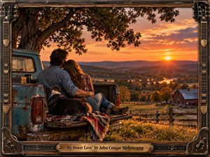 A tender rural sunset scene shows a young couple embracing in the bed of a weathered turquoise pickup, accompanied by a loyal dog beneath a sprawling tree. Rolling hills, a reflective lake, fences, and a red barn stretch into the distance. Warm amber, coral, and gold light create a nostalgic, handcrafted Americana atmosphere, framed by guitar-inspired details.