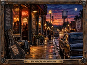 A rain-slicked small-town main street glows beneath neon signs, amber streetlamps, and a dramatic violet-orange evening sky. Couples drift past a lively bar while vintage cars and storefronts recede into the distance. Richly textured painterly detail, reflective pavement, rustic architecture, and a guitar-inspired frame create a nostalgic, energetic Americana mood.