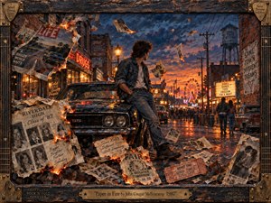 A restless young man leans against a black muscle car on a rain-slicked small-town street at dusk, surrounded by burning papers, fading photographs, storefronts, carnival lights, and weathered brick. Fiery oranges contrast with deep blues and blackened wood, creating a nostalgic, defiant mood in a richly textured, cinematic painted style.