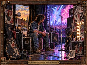 A weary musician sits backstage between small-town dusk and a dazzling concert stage, caught between authenticity and manufactured celebrity. Warm orange sunset contrasts with electric pink and blue spotlights, while battered road cases, guitars, posters, mirrors, and scattered confetti create a gritty, cinematic atmosphere of reflection, disillusionment, and hard-earned independence.