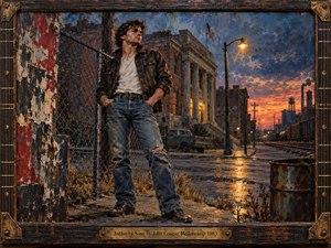 A defiant young man stands beside a chain-link fence in a worn Midwestern industrial town at dusk. Weathered civic architecture, railroad tracks, rusted metal, and wet pavement surround him beneath dramatic blue-gray clouds and fiery orange light. Thick, textured brushwork, distressed surfaces, warm streetlamps, and a rugged guitar-inspired frame create rebellious, working-class intensity.