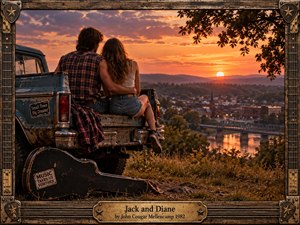 A young couple sits close together on the tailgate of a weathered pickup overlooking a small riverside town at sunset. Warm amber, rust, and dusky blue tones create a nostalgic, bittersweet mood. Rich photographic detail, worn textures, an old guitar case, rustic framing, and glowing horizon evoke youth, freedom, and passing time.