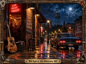 A rain-soaked small-town street glows beneath neon signs, amber lamps, and a bright moon, evoking restless nighttime energy and nostalgic Americana. A weathered guitar, lively bar, classic car, and reflective pavement anchor the cinematic composition. Deep blues, warm oranges, textured brickwork, and handcrafted framing create a richly detailed, atmospheric painting.