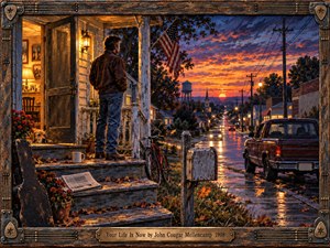 A solitary man stands on a weathered porch overlooking a small American town at sunset, reflecting on possibility and change. Warm amber light spills from the house against deep blue shadows and a fiery orange sky. Wet pavement, autumn leaves, an old pickup, bicycle, guitar case, and distant streetlights create a richly textured, nostalgic realism.