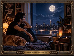 A thoughtful young man sits beside his sleeping dog, gazing through a bedroom window at a moonlit city skyline. Warm amber lamplight contrasts with deep blue night skies, creating a peaceful, nostalgic atmosphere. Vintage records, musical memorabilia, and a decorative bronze frame enhance the richly detailed cinematic composition.