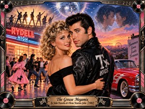 A glamorous blonde woman and leather-clad greaser embrace amid a lively 1950s dance scene. Neon diner lights, a red hot rod, dancing teenagers, and a glowing sunset create nostalgic excitement. Rich pinks, blues, and golds illuminate the cinematic painting, framed by chrome, vinyl records, musical notes, and an engraved title plate.