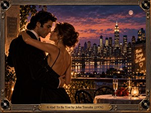 A romantic couple embraces on a candlelit rooftop terrace overlooking New Yorks glowing skyline at sunset. Rich amber, violet, and crimson tones illuminate the cinematic scene. Champagne glasses, red roses, and delicate string lights create nostalgic elegance, while a decorative bronze musical frame completes the intimate, timeless composition.