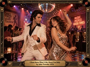 A stylish couple dances beneath a glittering disco ball in a lively 1970s nightclub. Warm amber, pink, and blue spotlights illuminate their white suit and shimmering silver dress. The cinematic composition captures playful romance and carefree energy, surrounded by dancing silhouettes, vintage decor, and an ornate gold musical frame.