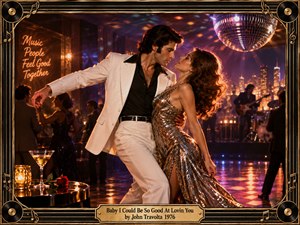 A romantic couple dances intimately in a glamorous 1970s nightclub, surrounded by shimmering disco lights, musicians, and glowing city windows. Warm amber, violet, and gold reflections illuminate their elegant clothing. Cinematic photographic realism captures their chemistry, while a decorative black-and-gold musical frame and engraved title plate complete the nostalgic scene.