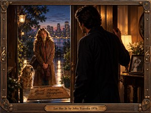 A young woman and her golden retriever wait outside a warmly illuminated doorway as a man considers welcoming them inside. Rain-slick pavement reflects a twilight city skyline. Rich amber lighting, deep blue shadows, and romantic 1970s cinematic styling create a tender atmosphere, enclosed within an ornate bronze musical frame.