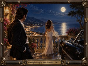 A romantic coastal terrace overlooks a glittering harbor beneath a luminous full moon. A dark-haired man watches a woman in a flowing ivory gown beside a vintage black car. Deep blue skies, golden lantern light, flowering vines, and shimmering reflections create a nostalgic atmosphere. Ornate musical framing completes the cinematic painting.