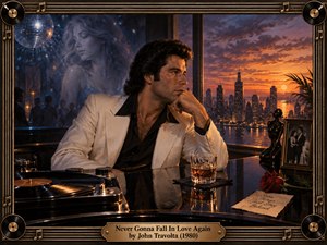 A heartbroken man in a white suit gazes across a glowing sunset skyline, surrounded by reminders of lost love. A ghostly woman fades behind him amid disco lights and shadows. Rich amber and midnight blue tones enhance the nostalgic, cinematic oil painting, enclosed within an ornate musical frame.