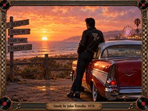 A lonely greaser in a black leather jacket leans against a red vintage Chevrolet overlooking a sunlit beach. Fiery orange and pink skies illuminate the ocean, distant Ferris wheel, and nostalgic roadside signs. Rich cinematic realism captures romantic longing, framed by ornate musical decorations, vinyl records, and an engraved brass title plate.