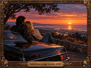 A young couple rests together beside a vintage black car, overlooking a coastal city at sunset. Golden light glows across distant water beneath a fiery orange and violet sky. This romantic, nostalgic painting captures quiet companionship, framed by ornate bronze musical details and an engraved title plate.